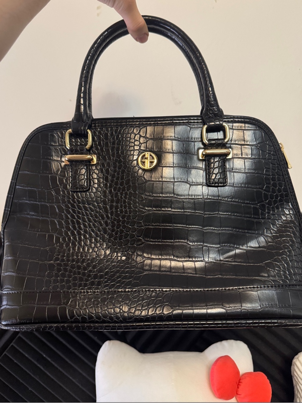 Black Croc-Embossed Structured Satchel with Gold Hardware